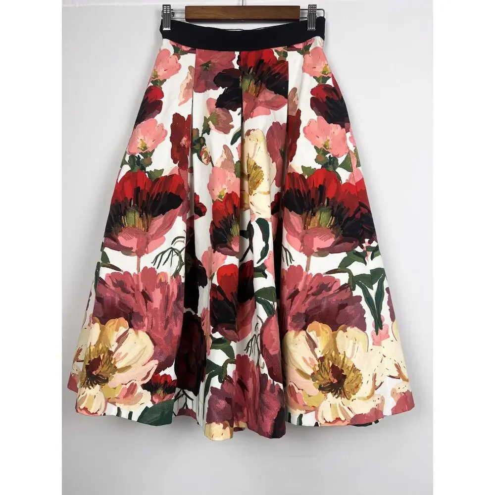 White House Black Market 00 Poppy Floral Midi Skirt Women Pleated Full-A Line - Picture 4 of 10